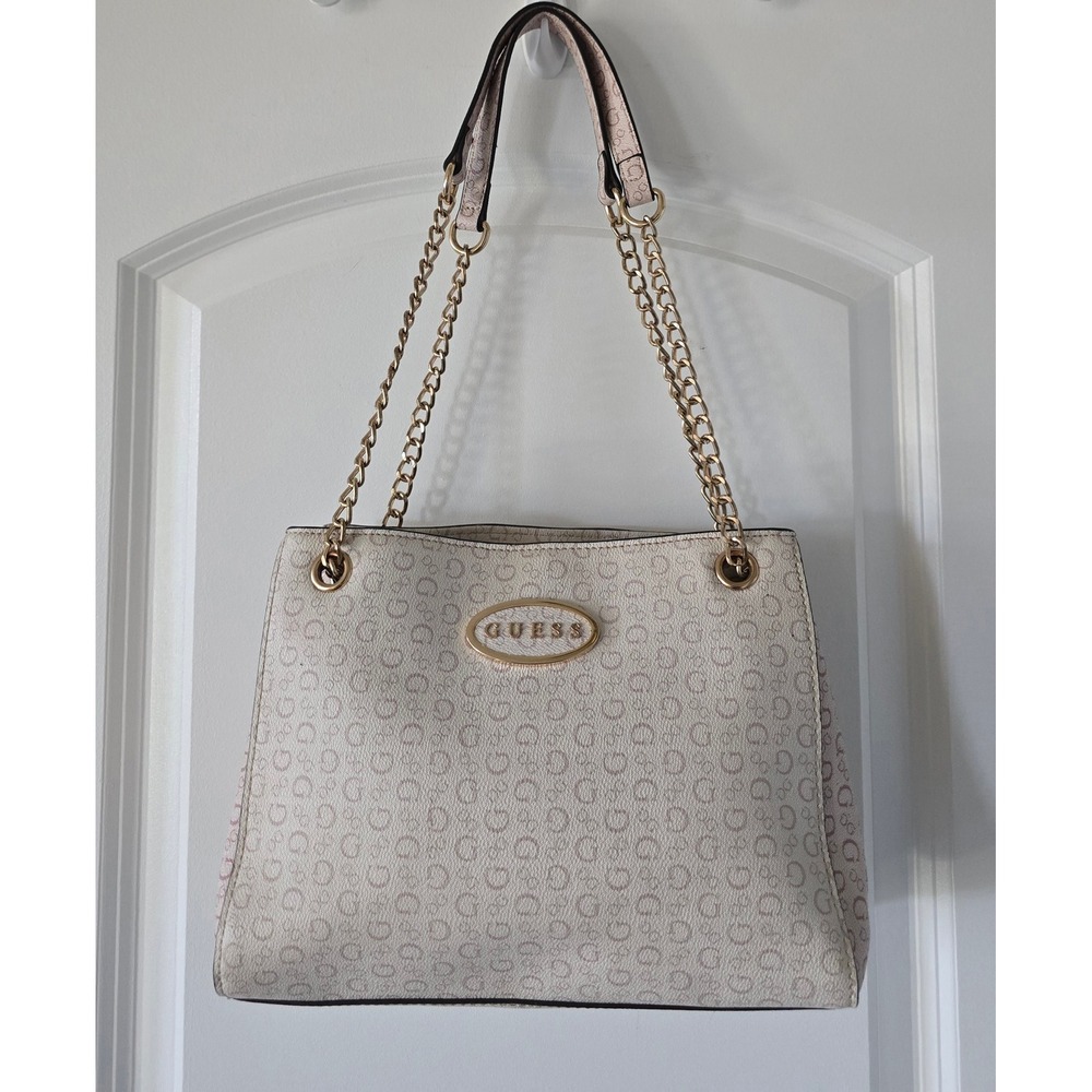 Guess Womens Quattro G Logo Monogram Shoulder Bag Cream Rose Gold Chain Tote
